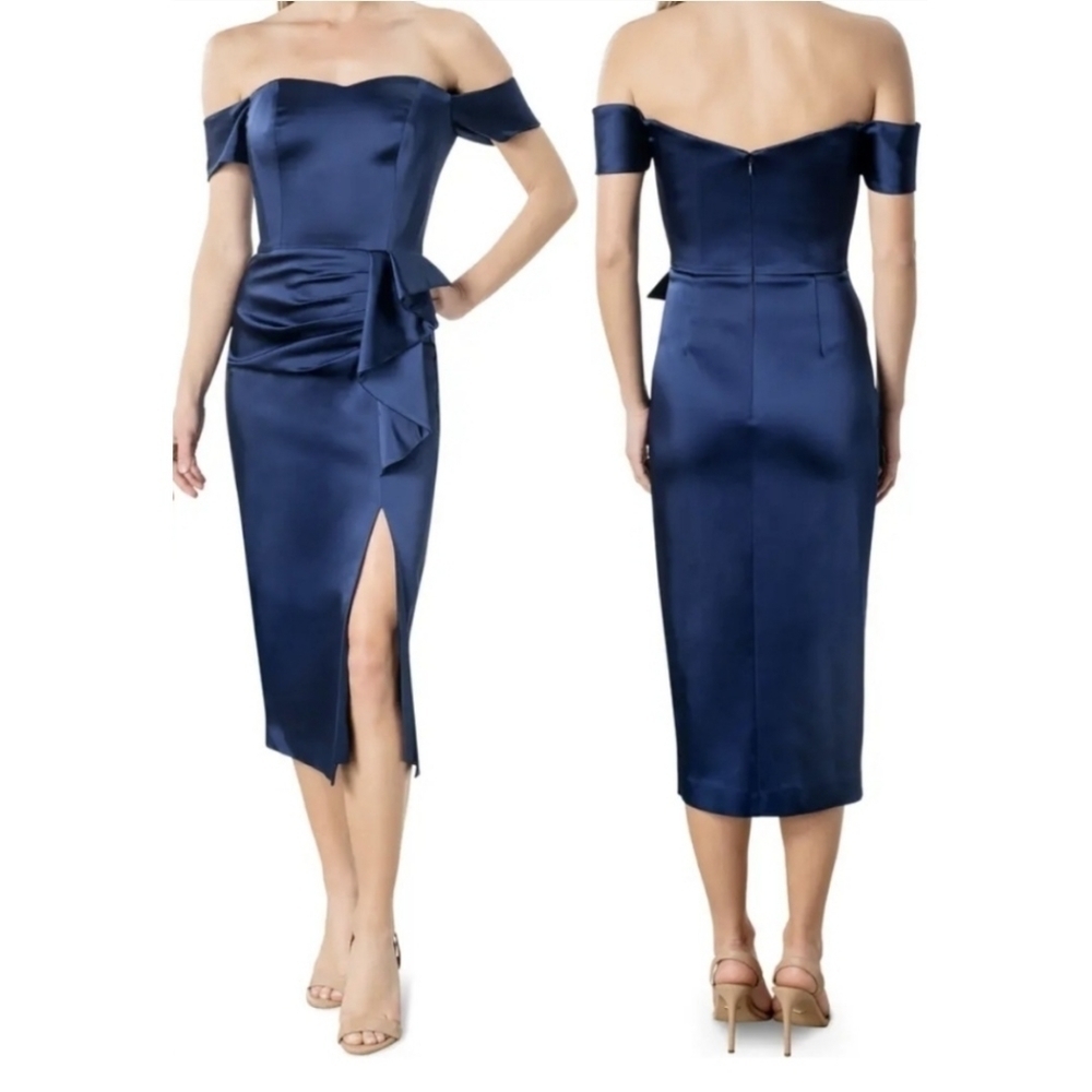 Dress the Population Alani Off the Shoulder Blue Midi Sheath Dress Size Small